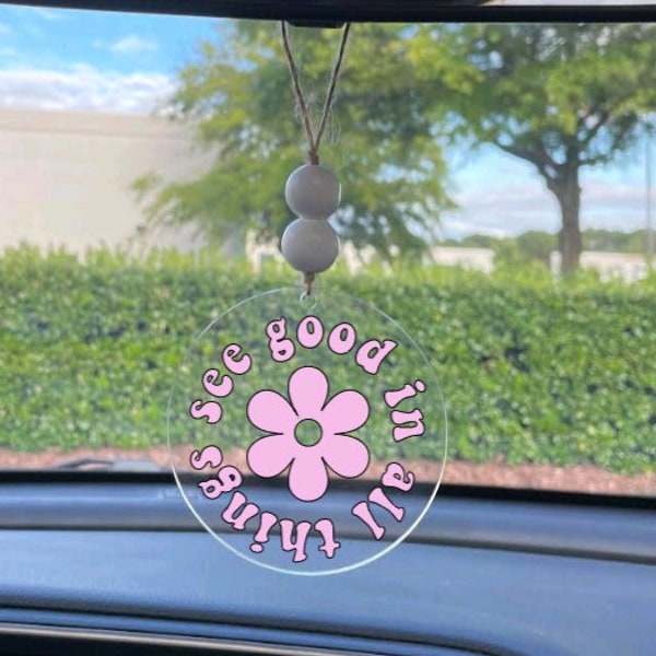 boho car decor, interior car decor, see good in all things car charm, retro flower trendy rear view mirror charm, Car Charm, Car Mirror