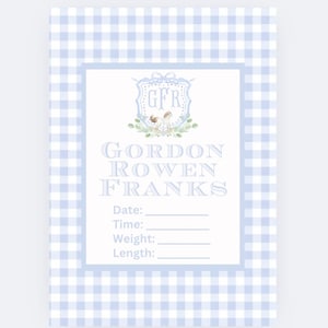 NUR DIGITAL Gingham Schaukelpferd Baby Boy Krankenhaus Schild, Wappen Gewicht Größe Name Zeit Geburtsanzeige, preppy grandmillennial