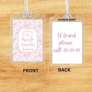 pink toile crest monogram Chinoiserie Bow Bag Tag Pink Watercolor Back to School Backpack Tag Laminated Baby Girl Diaper Bag Tag Kid Tag
