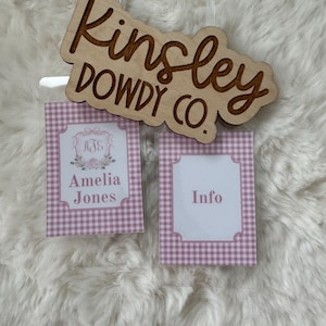 custom flower crest pink gingham Bow Bag Tag Pink Watercolor Back to School Backpack Tag Laminated Baby Girl Diaper Bag Tag Kid Tag