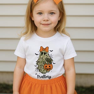 girls camo ghost with bow Halloween Shirt for Toddler, Personalized Boo Toddler Tee, Pumpkin Shirt, Spooky Season, Spooky tee