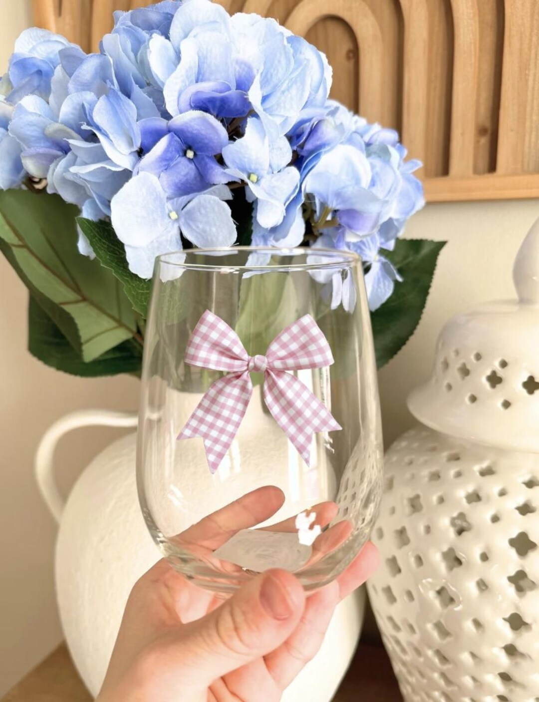 Pink Gingham Bow Wine Glass, Grandma Grandmillennial Style Coquette ...
