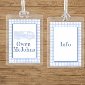 thick 10ml blue firetruck gingham Personalized sports kid Bag Tag Back to School Backpack Tag Laminated Baby Boy Diaper