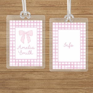 Personalized Bow Bag Tag Pink Watercolor Gingham Back to School Backpack Tag Laminated Baby Girl Diaper Bag Tag Kid Tag