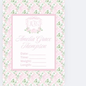 NUR DIGITAL rosa Blumenmonogramm Baby Mädchen Krankenhaus Schild, Wappen Gewicht Größe Name Zeit Geburtsnummer Ankündigung, adrett grandmillennial