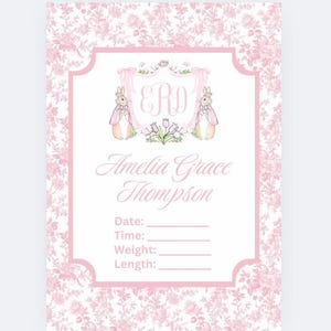 NUR DIGITAL rosa Toile Kaninchen Monogramm Baby Mädchen Krankenhaus Schild, Wappen Gewicht Größe Name Geburtsnummer Ankündigung, preppy grandmillennial