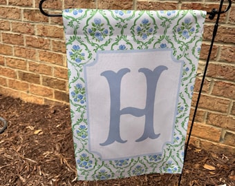 Personalized Crest Garden Flag, floral Preppy Coquette Initial Yard decor, Grandmillennial Decor, Porch Banner, Watercolor Chinoiserie Flag