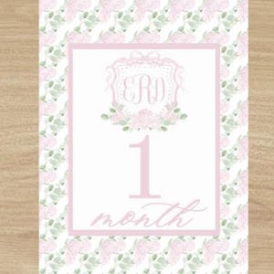 NUMÉRIQUES UNIQUEMENT Cartes jalons monogramme grand millénaire, petite fille rose nom personnalisé Crest Baby, jalon floral preppy 5 par 7 preppy