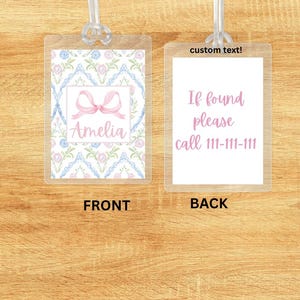 Personalized Flower Bow Bag Tag Green Watercolor Gingham Back to School Backpack Tag Laminated Baby Boy Girl Diaper Bag Tag Kids Tag
