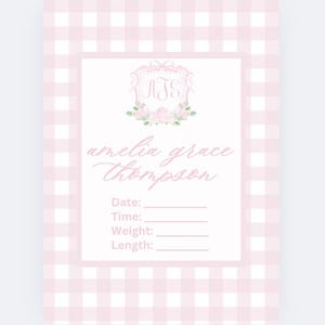 NUR DIGITAL rosa Gingham Monogramm Baby Mädchen Krankenhaus Schild, Wappen Gewicht Größe Name Zeit Geburtsnummer Ankündigung, preppy grandmillennial