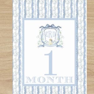 NUR DIGITAL Grandmillennial Monogramm Welpen Hund kundenspezifische Wappen-Baby-Meilenstein-Karten, 5 von 7 für Babyjungen preppymonat Meilenstein Baby preppy