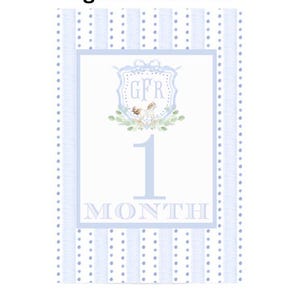 NUR DIGITAL Grandmillennial monogram blauer Streifen Kundenwappen-Baby-Meilensteinkarten, 5 von 7 für Babyjungen preppymonat Meilenstein Baby preppy