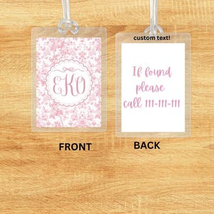 pink toile monogram Chinoiserie Bow Bag Tag Pink Watercolor Back to School Backpack Tag Laminated Baby Girl Diaper Bag Tag Kid Tag