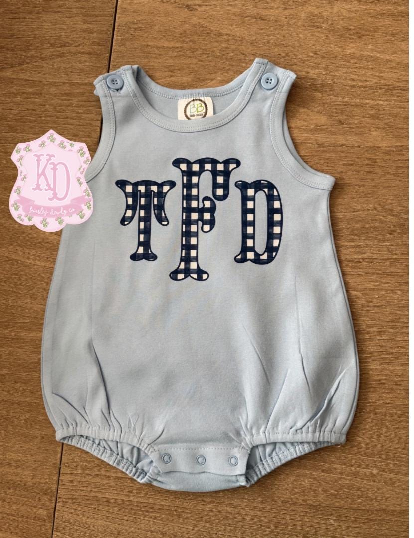 Cotton Custom Monogram Bubble Romper, Fishtail Blue Boys Gingham ...