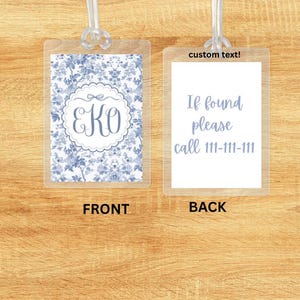 toile monogram blue Chinoiserie Bow Bag Tag Pink Watercolor Back to School Backpack Tag Laminated Baby Girl Diaper Bag Tag Kid Tag