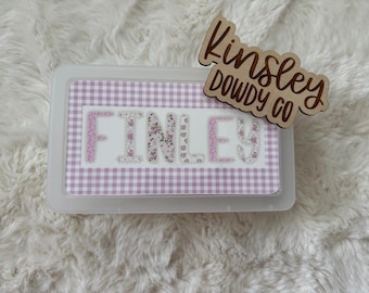 grandmillennial lace name preppy gingham Personalized Pencil Box, GIRLS School Supplies | Plastic School Box | Crayon Box | Kids Supply Box