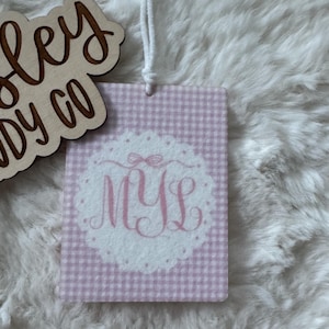 pink gingham monogram Car Air Freshener, Grandmillennial hydrangea pink toile floral flower preppy car decor vintage trendy custom