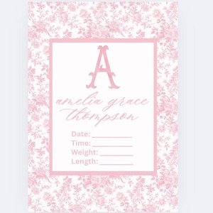 NUR DIGITAL rosa Toile Monogramm Baby Mädchen Krankenhaus Schild, Wappen Gewicht Größe Name Zeit Geburt Stats Ankündigung, preppy grandmillennial