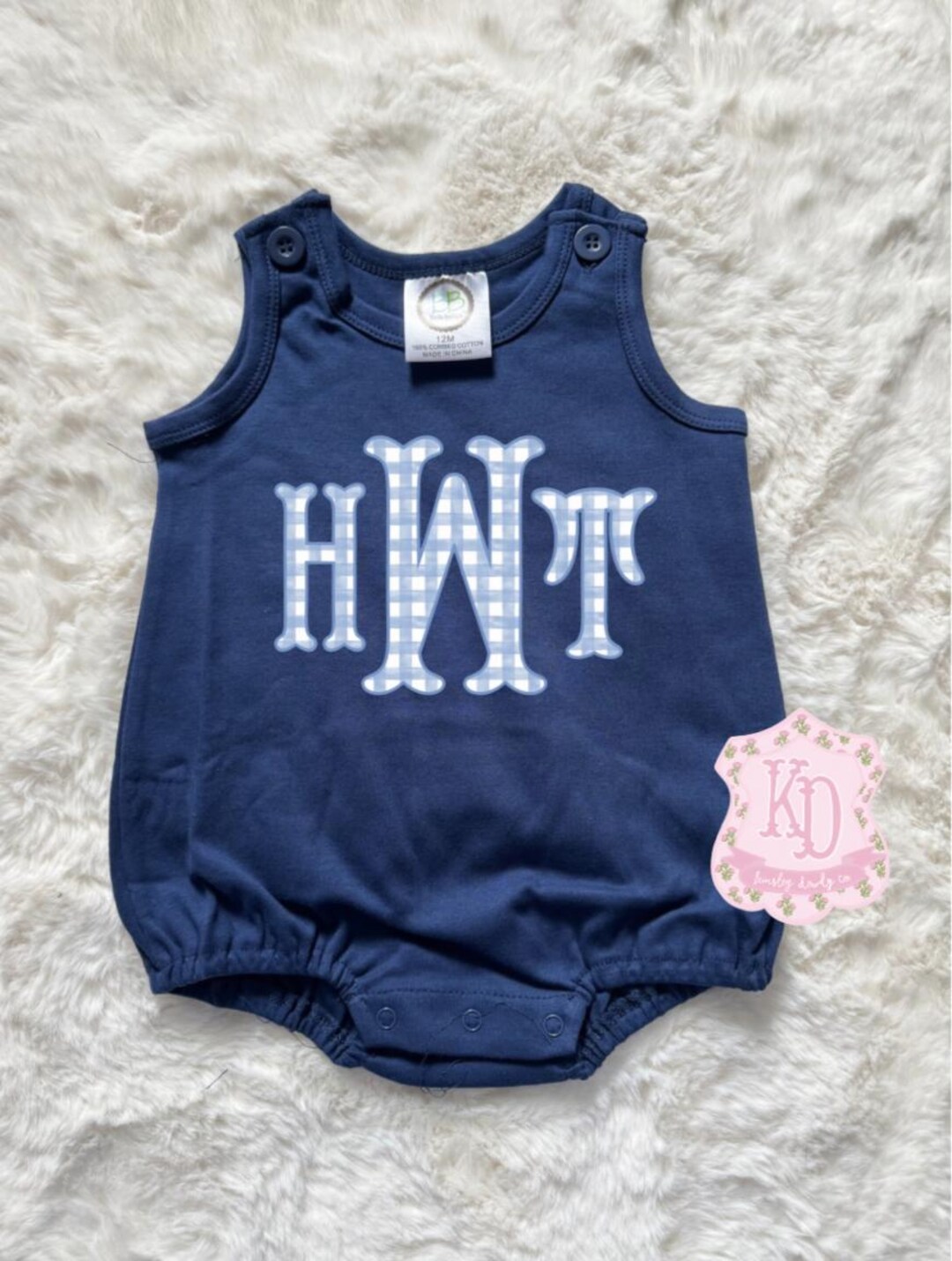 Cotton Custom Monogram Bubble Romper, Fishtail Blue Boys Gingham ...