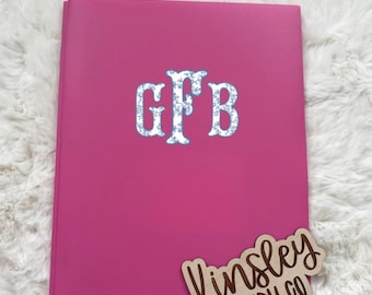 girls toile monogram Plastic Pocket Folder w/ Name, preppy name personalized custom 3-Prong Folder, subject boys bow Back to School supplies