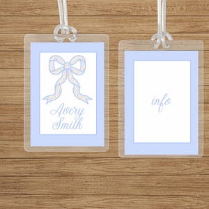 Personalized Bow Bag Tag floral blue Watercolor Gingham Back to School Backpack Tag Laminated Baby Girl Diaper Bag Tag Kid Tag