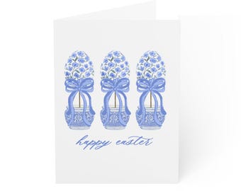 Chinoiserie Easter Egg Topiary Easter Card, Watercolor Happy