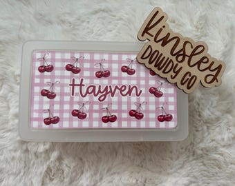 grandmillennial cherries preppy pink gingham Personalized Pencil Box, GIRLS School Supplies Plastic School Box Crayon Box Kids Supply Box