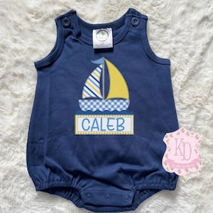 boys sailboat Bubble Romper, blue boys Personalized Baby Toddler preppy custom kids coquette baby spring summer