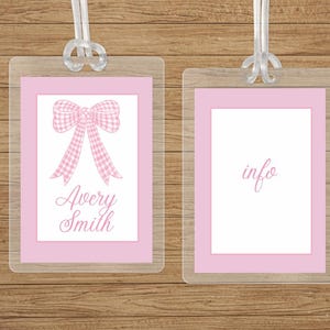 Personalized Bow Bag Tag Pink Watercolor Gingham Back to School Backpack Tag Laminated Baby Girl Diaper Bag Tag Kid Tag