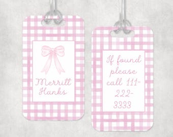 Personalized Bow Bag Tag Pink Watercolor Gingham Back to School Backpack Tag Laminated Baby Girl Diaper Bag Tag Kid Tag