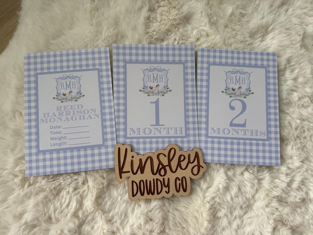 Grandmillennial Monogram Blue Gingham Custom Crest Baby Milestone Cards ...