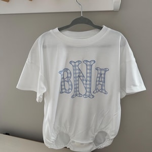 Custom Monogram t shirt Bubble Romper, fishtail blue boys gingham Personalized Baby Toddler preppy custom kids baby spring summer