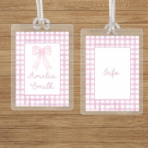Personalized Bow Bag Tag Pink Watercolor Gingham Back to School Backpack Tag Laminated Baby Girl Diaper Bag Tag Kid Tag