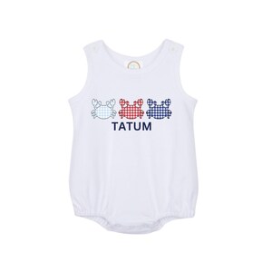 crab boys beach gingham Bubble Romper, blue boys Personalized Baby Toddler preppy custom kids coquette baby spring summer