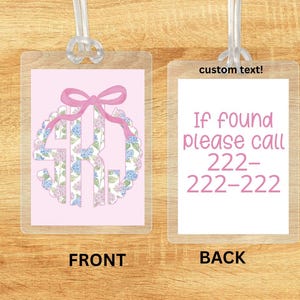 thick 10ml pink hydrangea monogram Chinoiserie Bow Bag Tag Pink Watercolor Back to School Backpack Tag Laminated Baby Girl Diaper Bag Tag