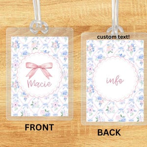 thick 10ml custom flower bow pink gingham Bow Bag Tag Pink Watercolor Back to School Backpack Tag Laminated Baby Girl Diaper Bag Tag Kid Tag