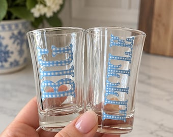 blue gingham preppy Big Little sister Sorority shot glasses, Big sister, lil sister GBig and Glil college student gift christmas reveal gift