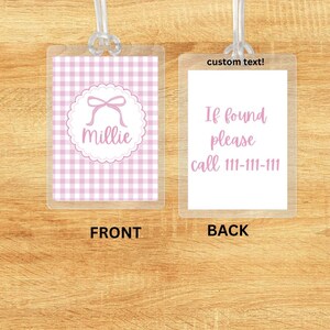 Personalized Bow Bag Tag Pink Watercolor Gingham Back to School Backpack Tag Laminated Baby Girl Diaper Bag Tag Kid Tag