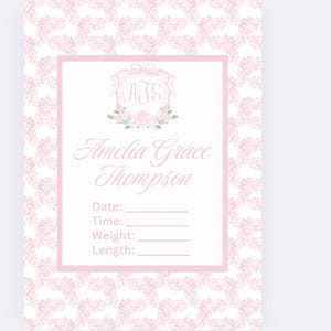 NUR DIGITAL rosa Blumenmonogramm Baby Mädchen Krankenhaus Schild, Wappen Gewicht Größe Name Zeit Geburtsnummer Ankündigung, adrett grandmillennial