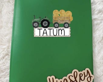 Plastic Pocket Folder w/ Name, tractor boys name personalized custom 3-Prong Folder, subject boys bow Back to School supplies