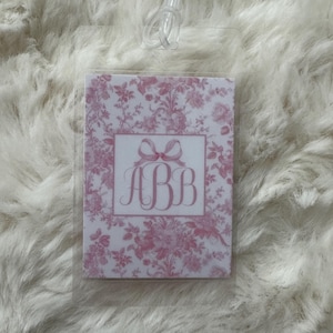 toile Chinoiserie Bow Bag Tag Pink Watercolor Back to School Backpack Tag Laminated Baby Girl Diaper Bag Tag Kid Tag
