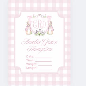 NUR DIGITAL Gingham rosa Kaninchen Monogramm Baby Mädchen Krankenhaus Schild, Wappen Gewicht Größe Name Geburtsdaten