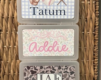 girl boy grandmillennial preppy gingham Personalized Pencil Box, camo pink sports School Supplies Plastic School Crayon Box Kids Supply Box