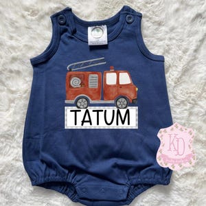 firetruck boys bubble preppy personalized kids romper, unisex tractor baby toddler spring summer clothing