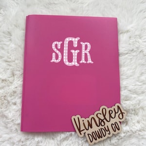 Plastic Pocket Folder w/ fishtail pink monogram gingham girls, preppy name personalized 3-Prong Folder, subject Back to School supplies