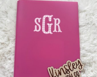 Plastic Pocket Folder w/ fishtail pink monogram gingham girls, preppy name personalized 3-Prong Folder, subject Back to School supplies