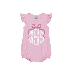 Custom Monogrammed Bubble Romper, bow pink toile Chinoiserie Personalized Baby Clothes, Toddler Girl preppy kids coquette baby spring summer