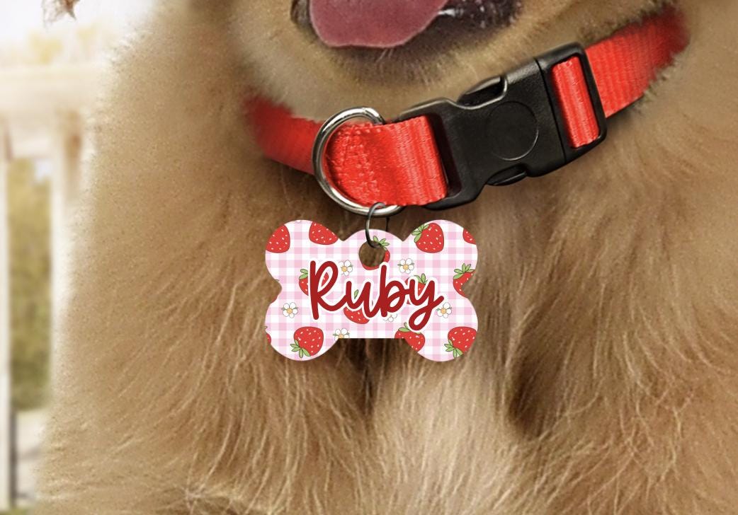 Raspberry Dog Tag 2 Inch Strawberry Pink Gingham Floral Grandmillennial Style Dog Tag ...