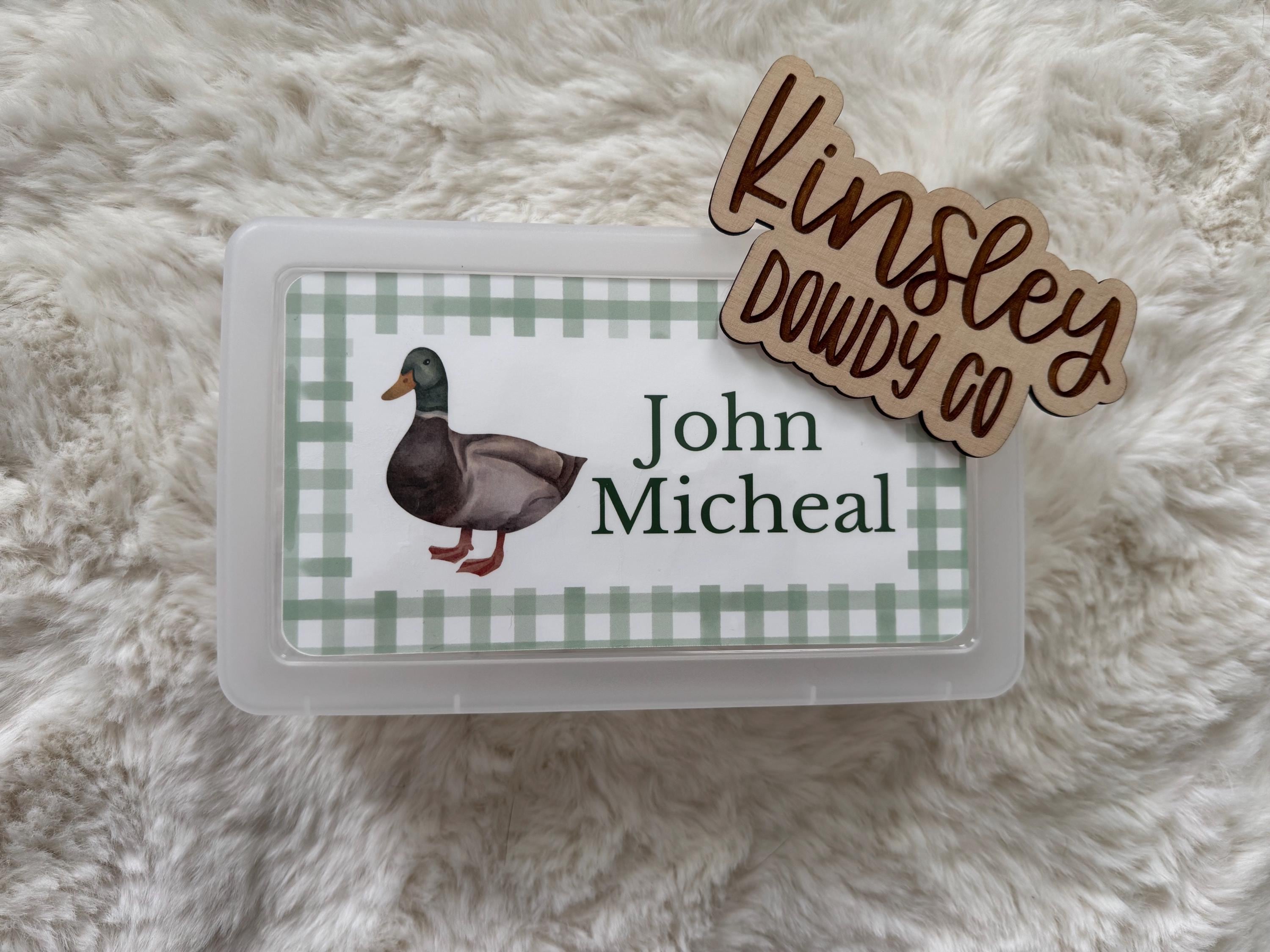 BOYS preppy gingham Personalized Pencil Box Back to School Supplies Art Box Custom name for Snacks for Kids, mallard duck sports baseball