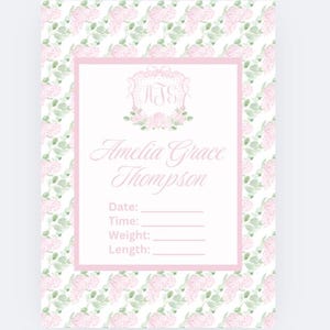 NUR DIGITAL rosa Blumenmonogramm Baby Mädchen Krankenhaus Schild, Wappen Gewicht Größe Name Zeit Geburtsnummer Ankündigung, adrett grandmillennial